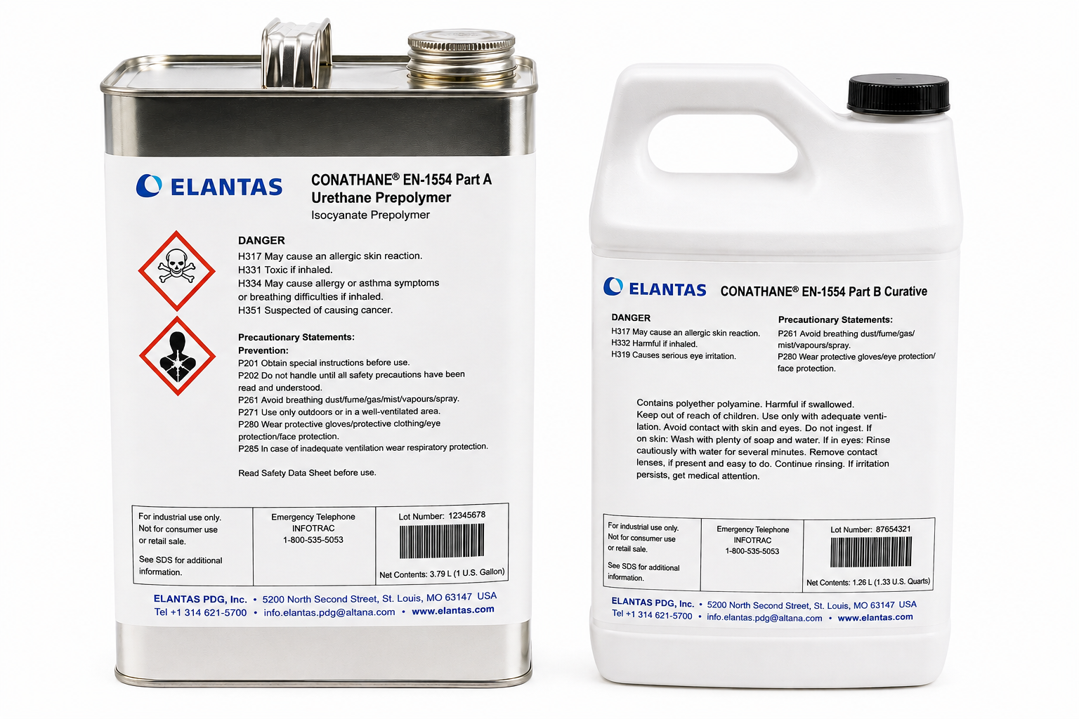 Straight-on ecommerce product image of the ELANTAS CONATHANE EN-1554 two-part polyurethane kit, showing the Part A urethane prepolymer metal can and Part B curative plastic jug side by side on a white background with visible product labels and GHS hazard pictograms.