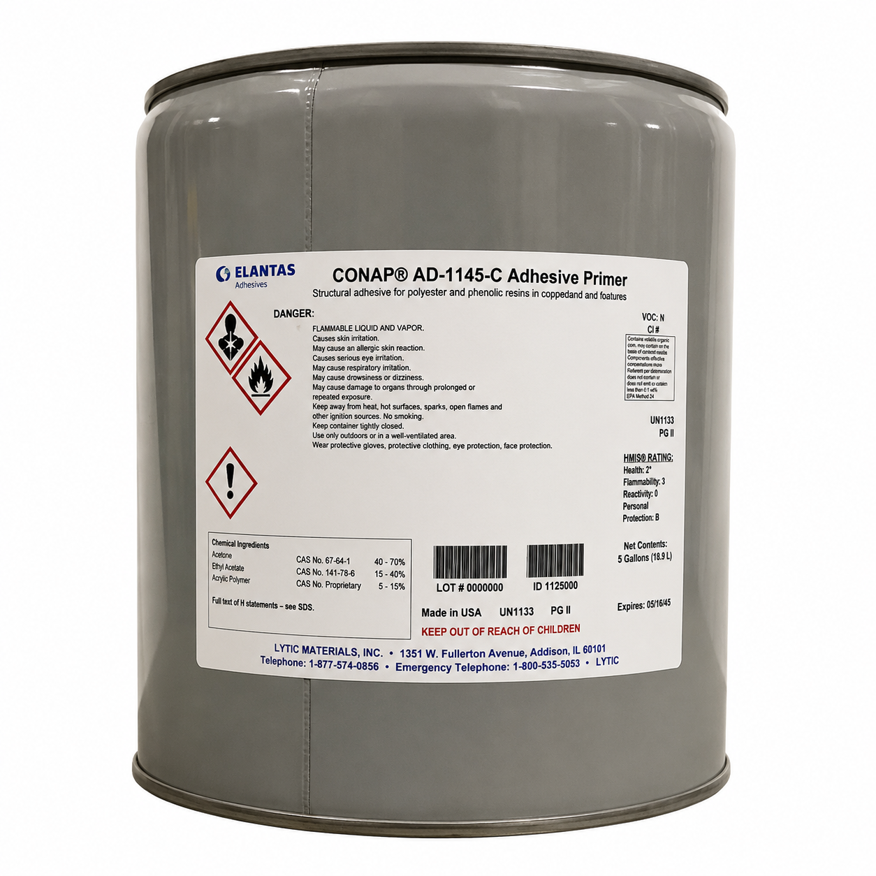 ELANTAS CONAP AD-1146-C Adhesive Primer in a 5-gallon gray metal container with hazard label on white background.