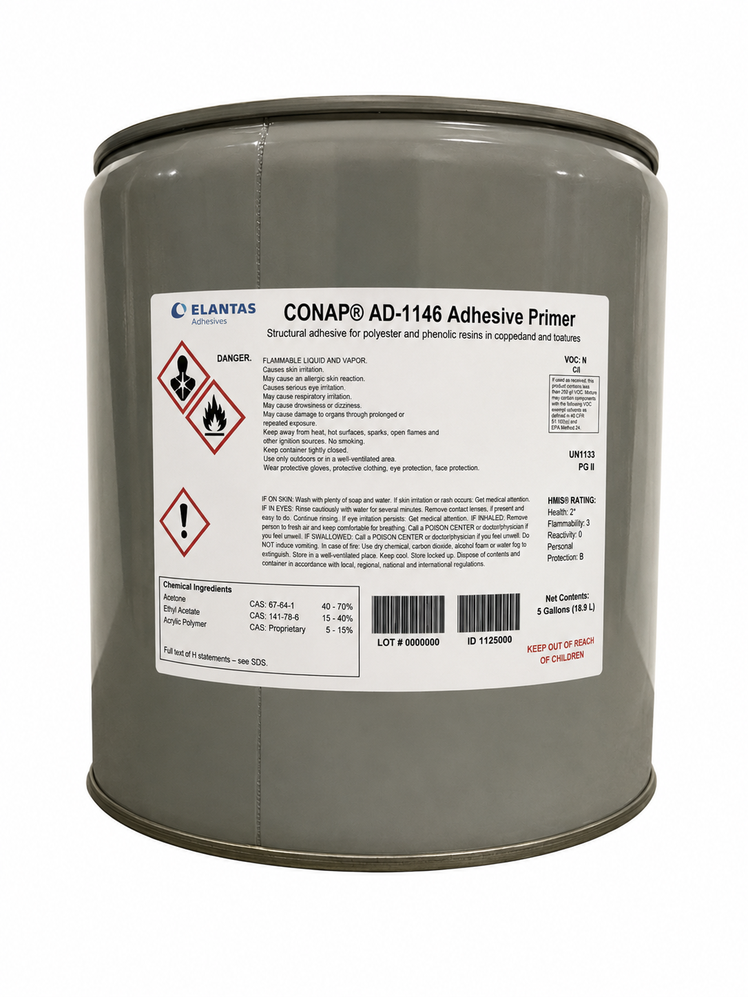 ELANTAS CONAP AD-1146 Adhesive Primer in a 5-gallon gray metal container with hazard label on white background.