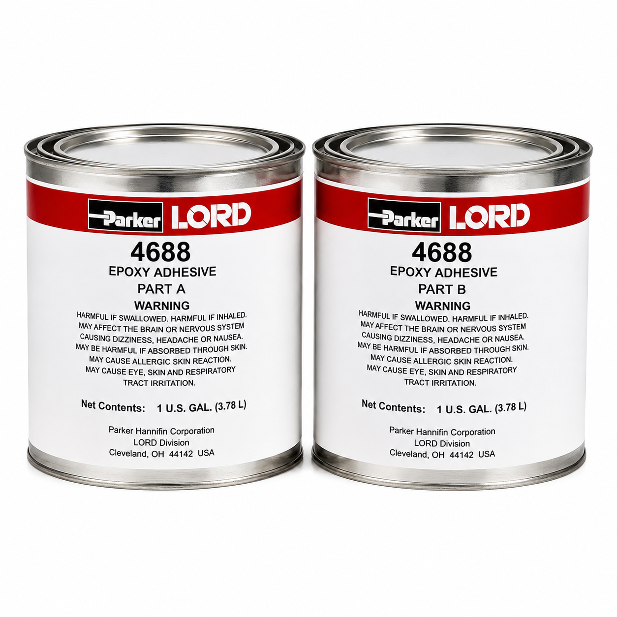 Parker LORD 4688 A/B gallon epoxy adhesive kit with Part A and Part B cans on a white background.