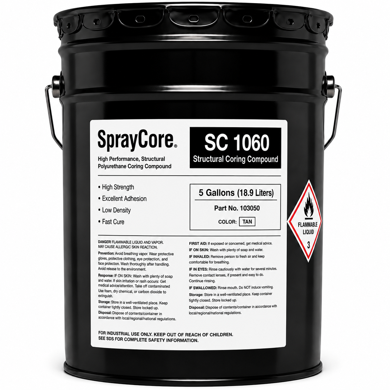 SprayCore SC 1060 Structural Coring Compound in a black 5-gallon pail with a white product label, metal handles, and a flammable liquid hazard diamond, shown straight-on against a white background.