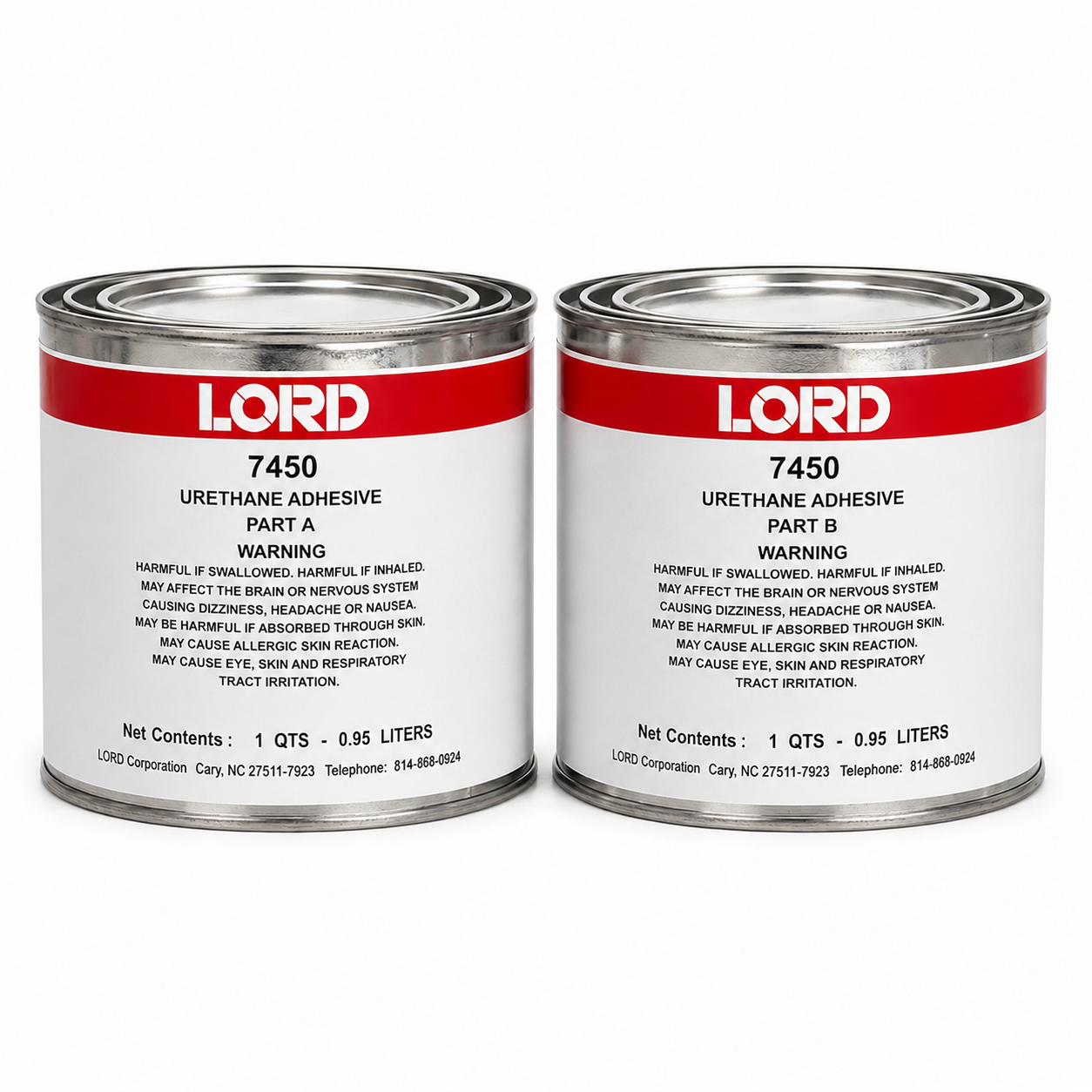 LORD 7450 urethane adhesive quart kit with Part A and Part B metal cans on white background.