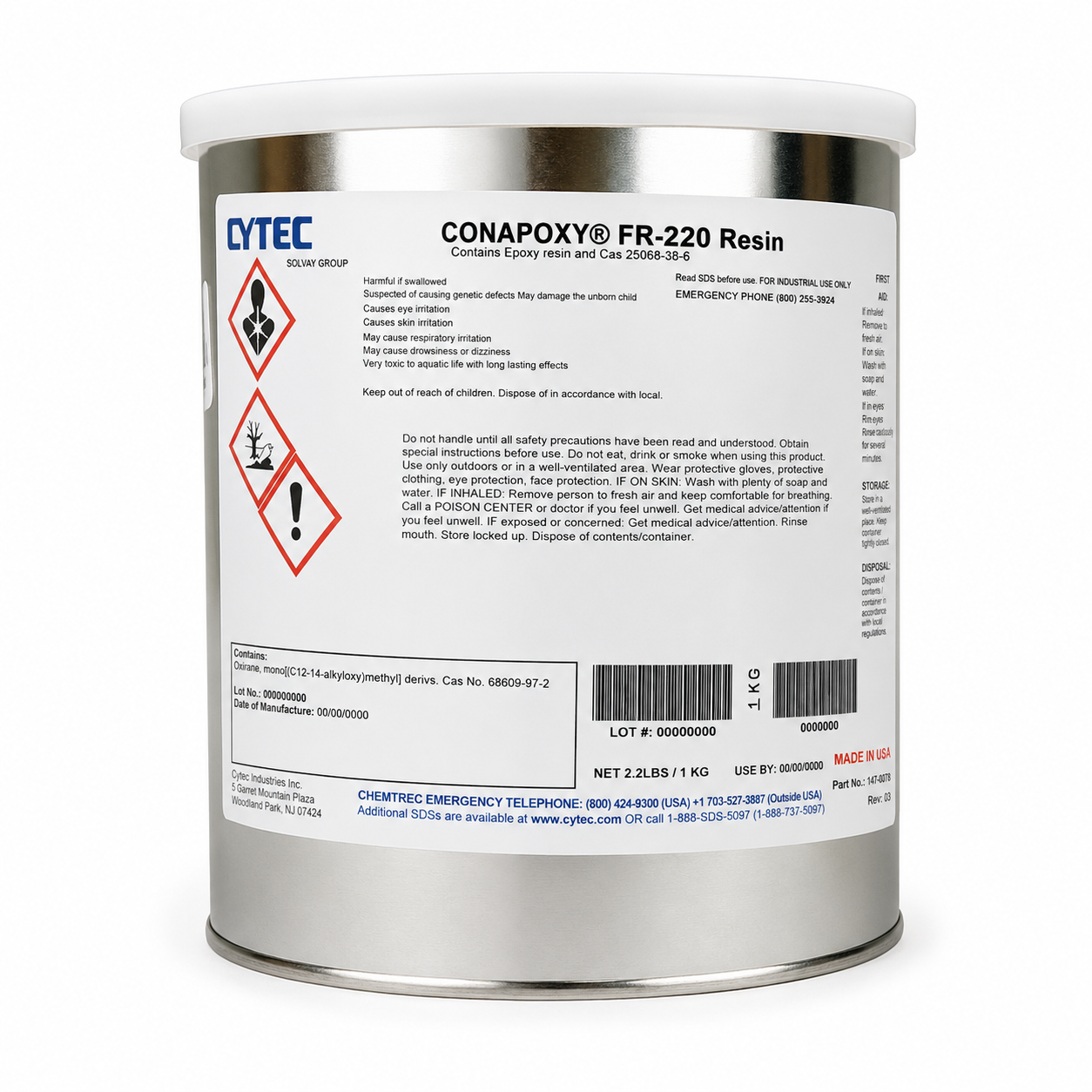 Cytec CONAPOXY FR-220 resin 1 kg metal can with hazard label on white background.