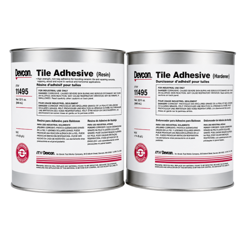 Devcon Tile Adhesive 11495 resin and hardener two-can kit shown side by side on a white background.