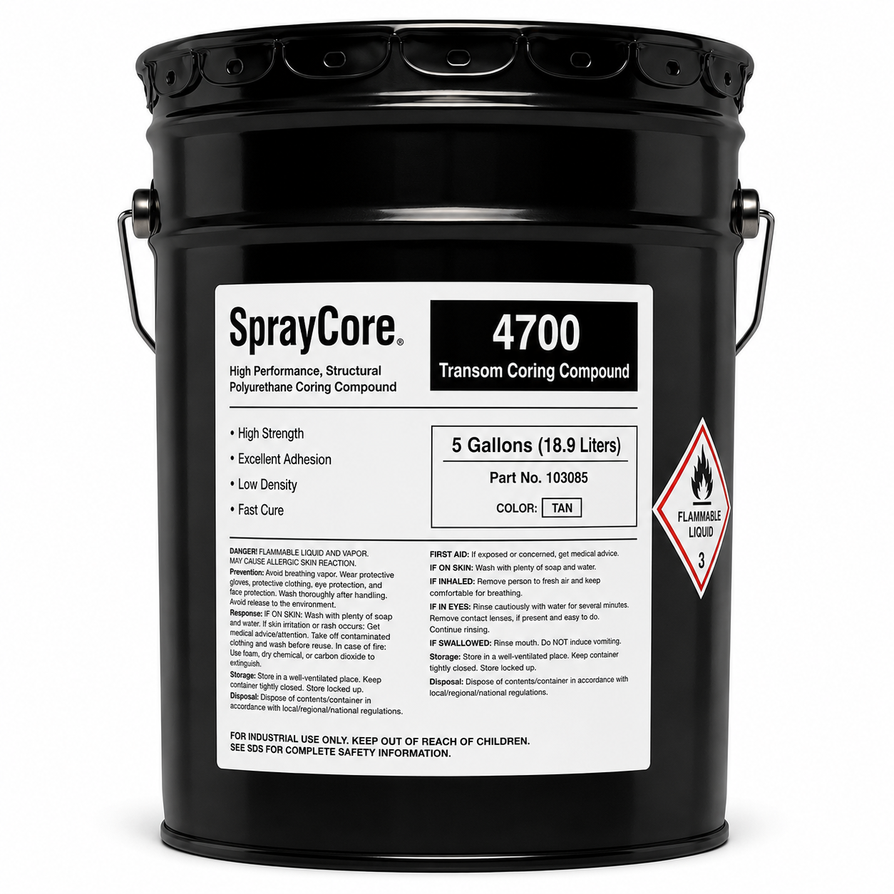 SprayCore 4700 Transom Coring Compound in a 5-gallon black metal pail with product label and flammable liquid hazard marking.