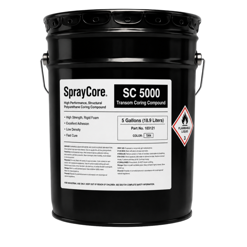 SprayCore SC 5000 Transom Coring Compound in a 5-gallon black metal pail with product label and flammable liquid hazard marking.
