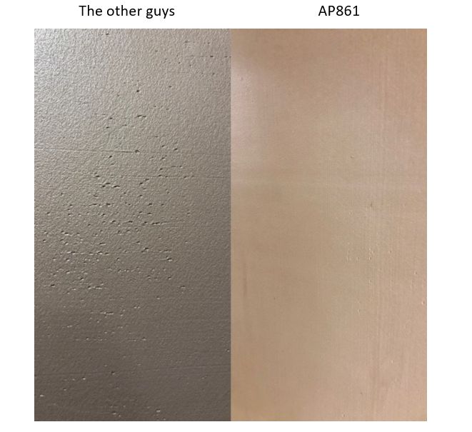 Side-by-side fairing compound panels, with heavy pinholing on the left and a smooth SikaBiresin AP861 surface on the right