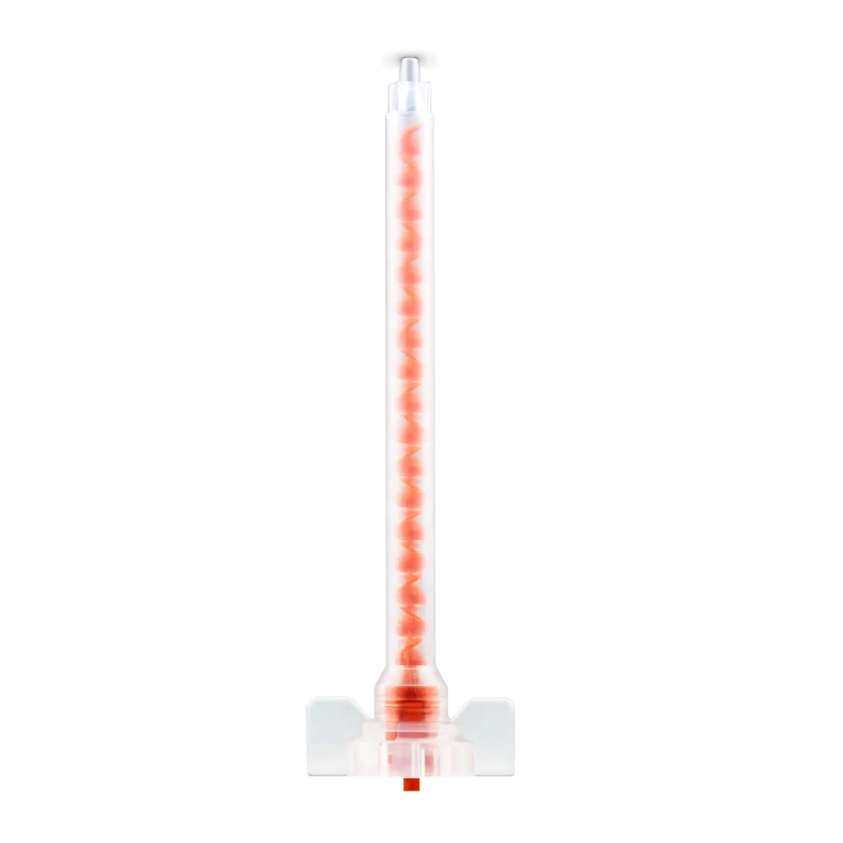 Integra X-Stream static mixing tip for 10:1 cartridges, showing helical mixing elements inside the clear housing and bayonet fitting