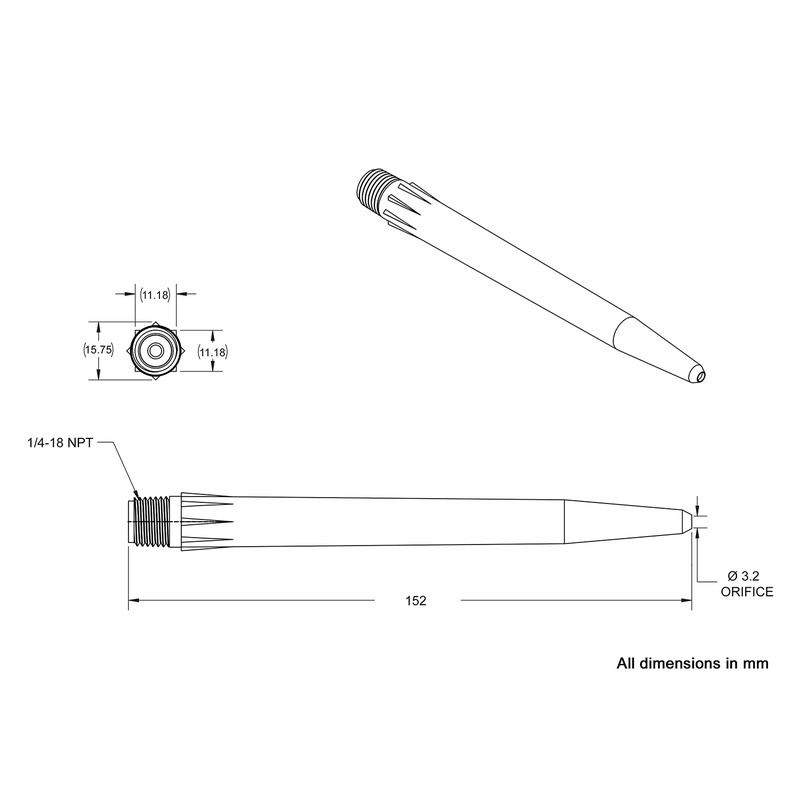 Dimensioned line drawing of a 152 mm (6 in) tapered nozzle with 1/4-18 NPT male thread and 3.2 mm (1/8 in) orifice