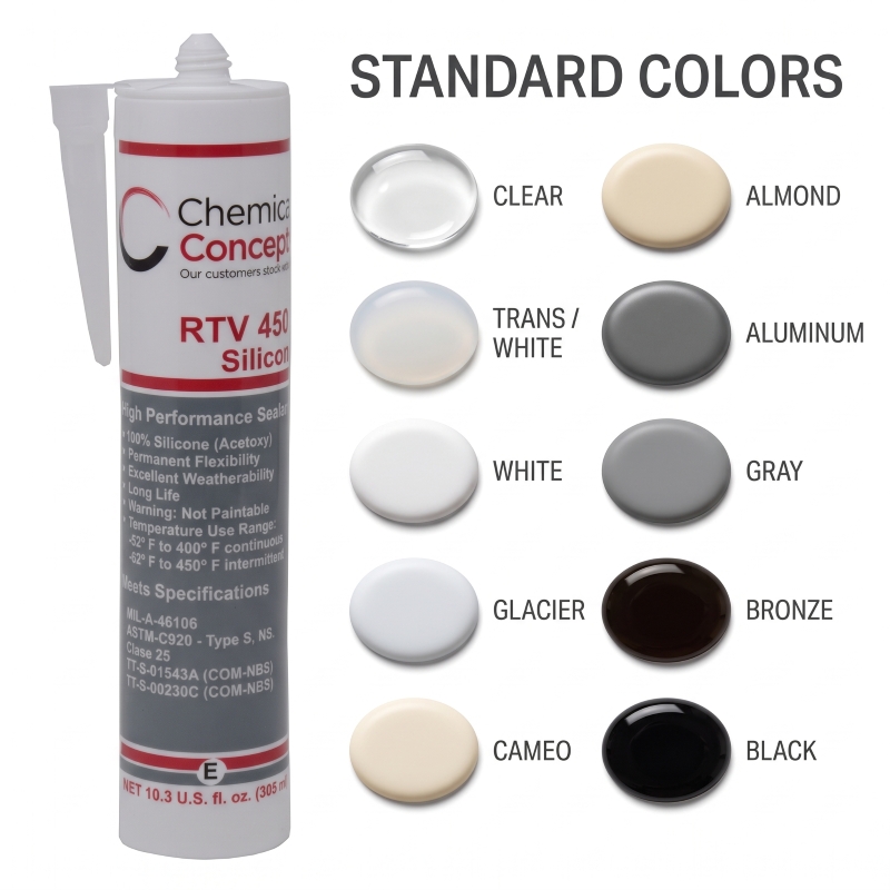 Chem-Set RTV4500 silicone cartridge beside ten standard color dabs labeled Clear, Trans/White, White, Glacier, Cameo, Almond, Aluminum, Gray, Bronze, and Black