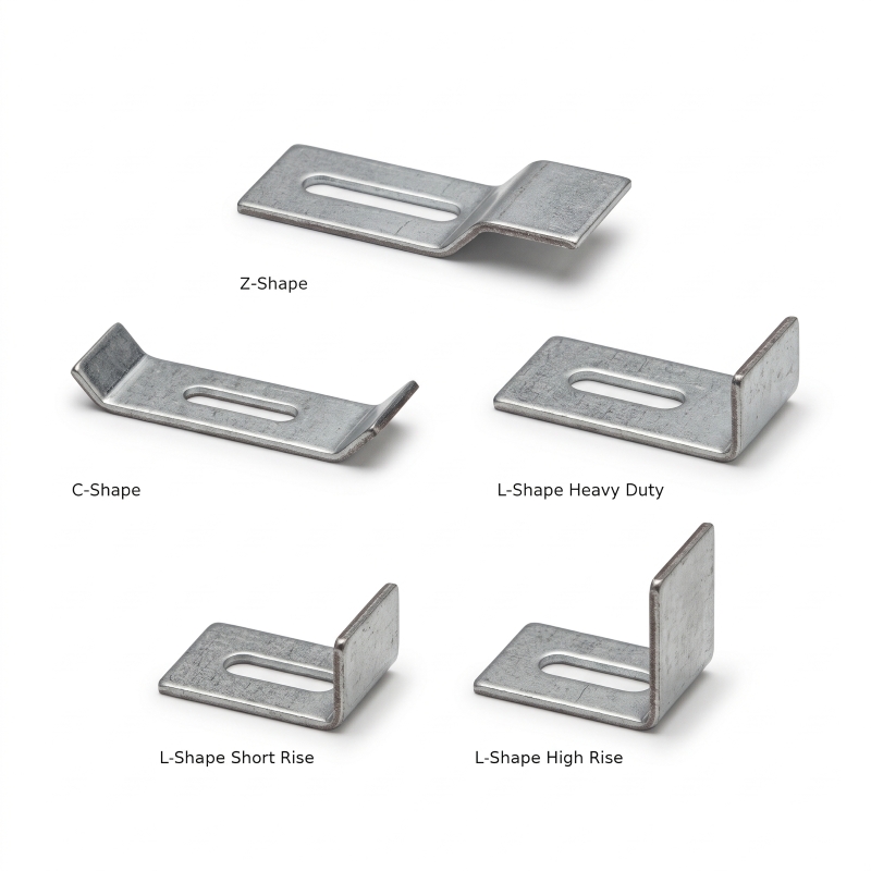 Five stamped steel undermount sink clips labeled Z-Shape, C-Shape, and L-Shape Heavy Duty, Short Rise, and High Rise