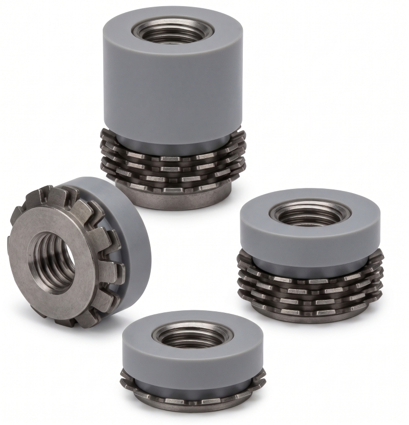 Four Keep-Nut press-in anchors with gray bodies and stainless steel crowns, shown in 1, 2, and 4 crown heights