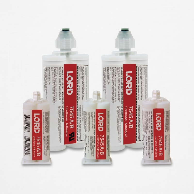 LORD 7545-A/B urethane adhesive 50ml and 200ml cartridges shown side by side to scale