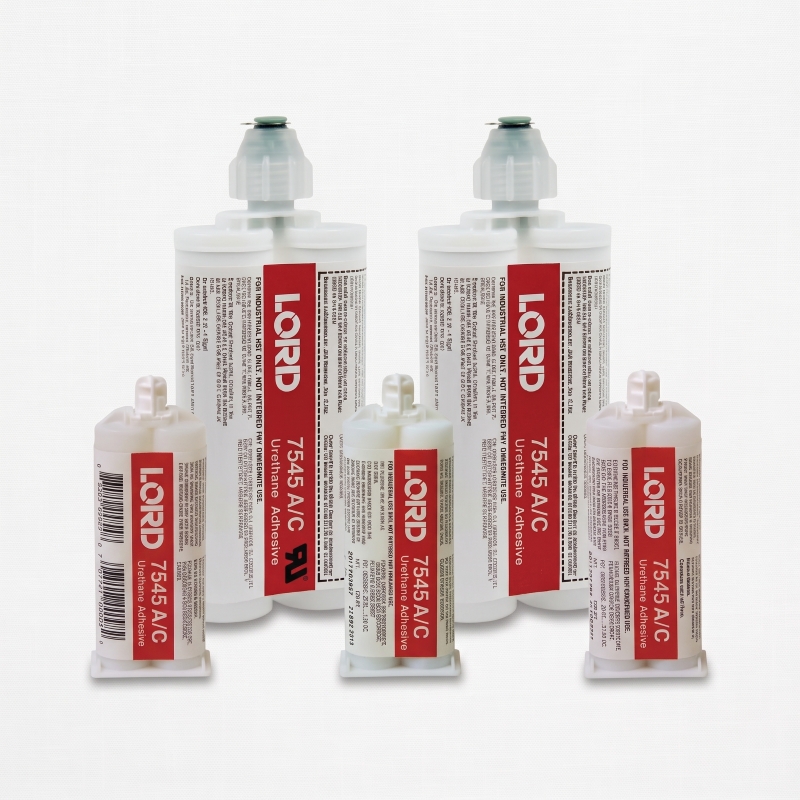 Size comparison of LORD 7545-A/C urethane adhesive 50ml and 200ml cartridges