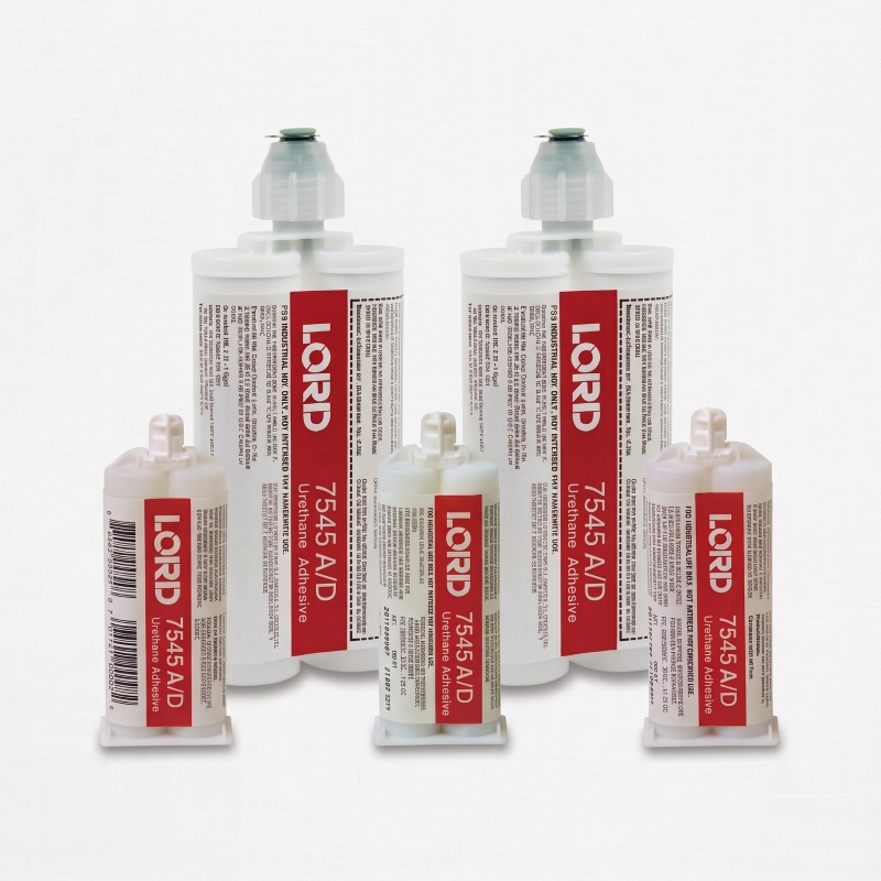 Size comparison of LORD 7545-A/D urethane adhesive 50ml and 200ml cartridges