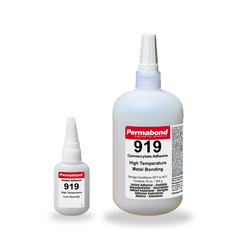 Permabond 919 high-temperature cyanoacrylate adhesive in 1 oz and 1 lb bottles