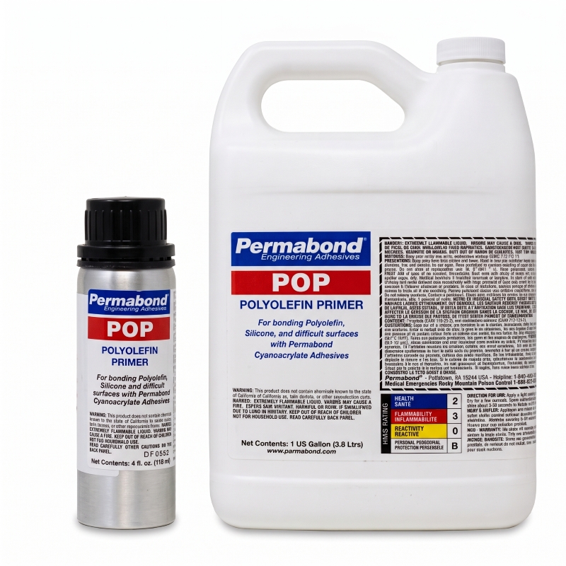 Permabond POP Polyolefin Primer 4 oz pump sprayer bottle next to the 1 gallon jug