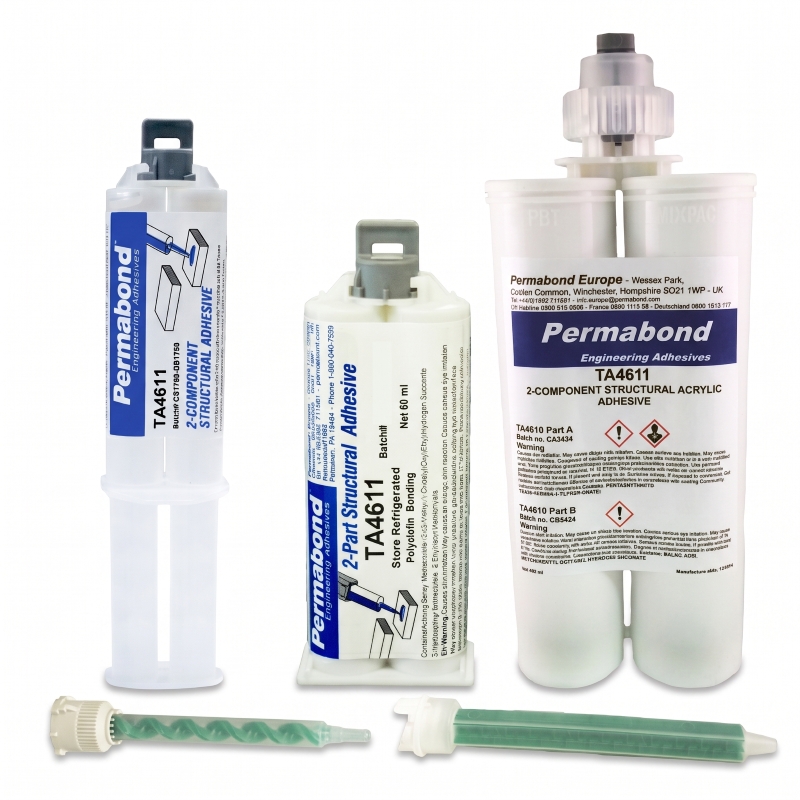 Permabond TA4611 adhesive in 25ml, 50ml and 400ml dual cartridges with static mixer nozzles
