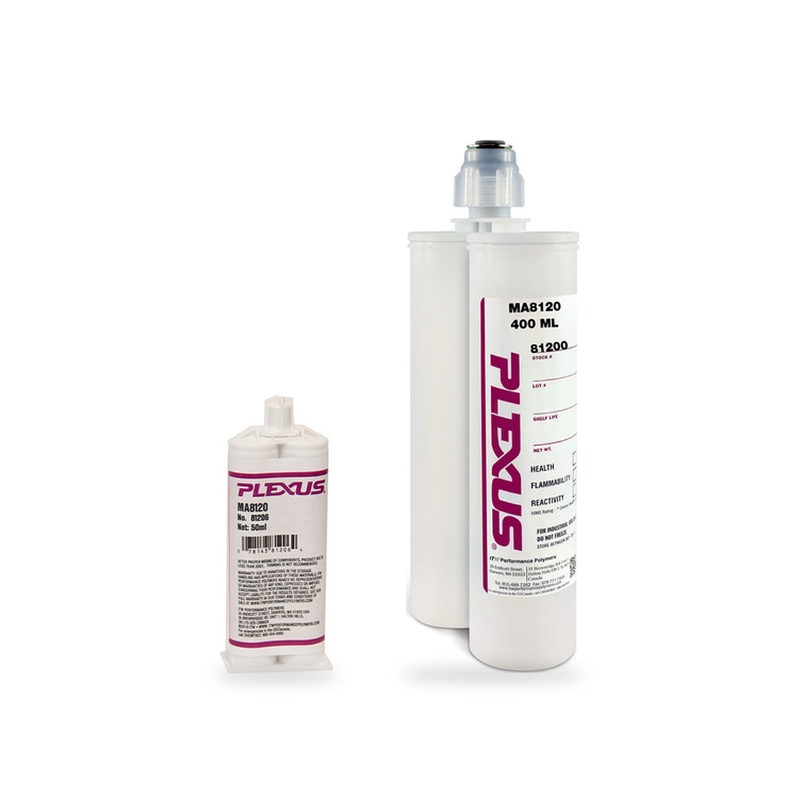 Plexus MA8120 two-part adhesive in 50ml and 400ml cartridges, shown side by side