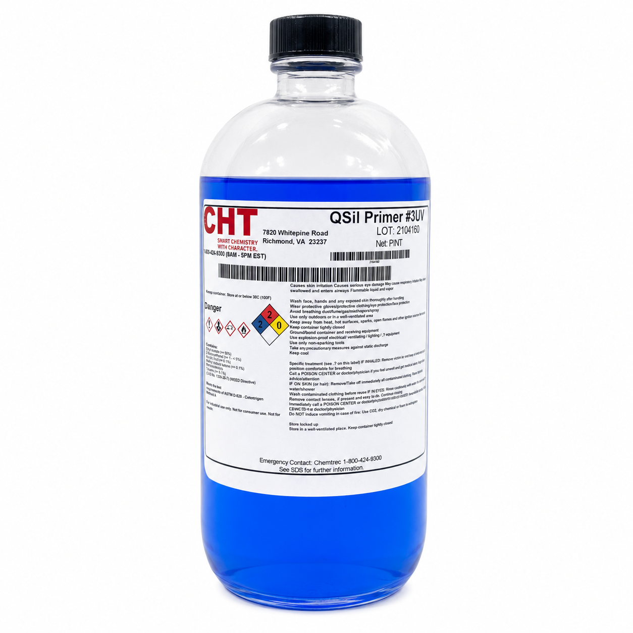 QSil Primer #3UV pint bottle with blue liquid, black cap, and white CHT product label, shown front-facing on a white background.