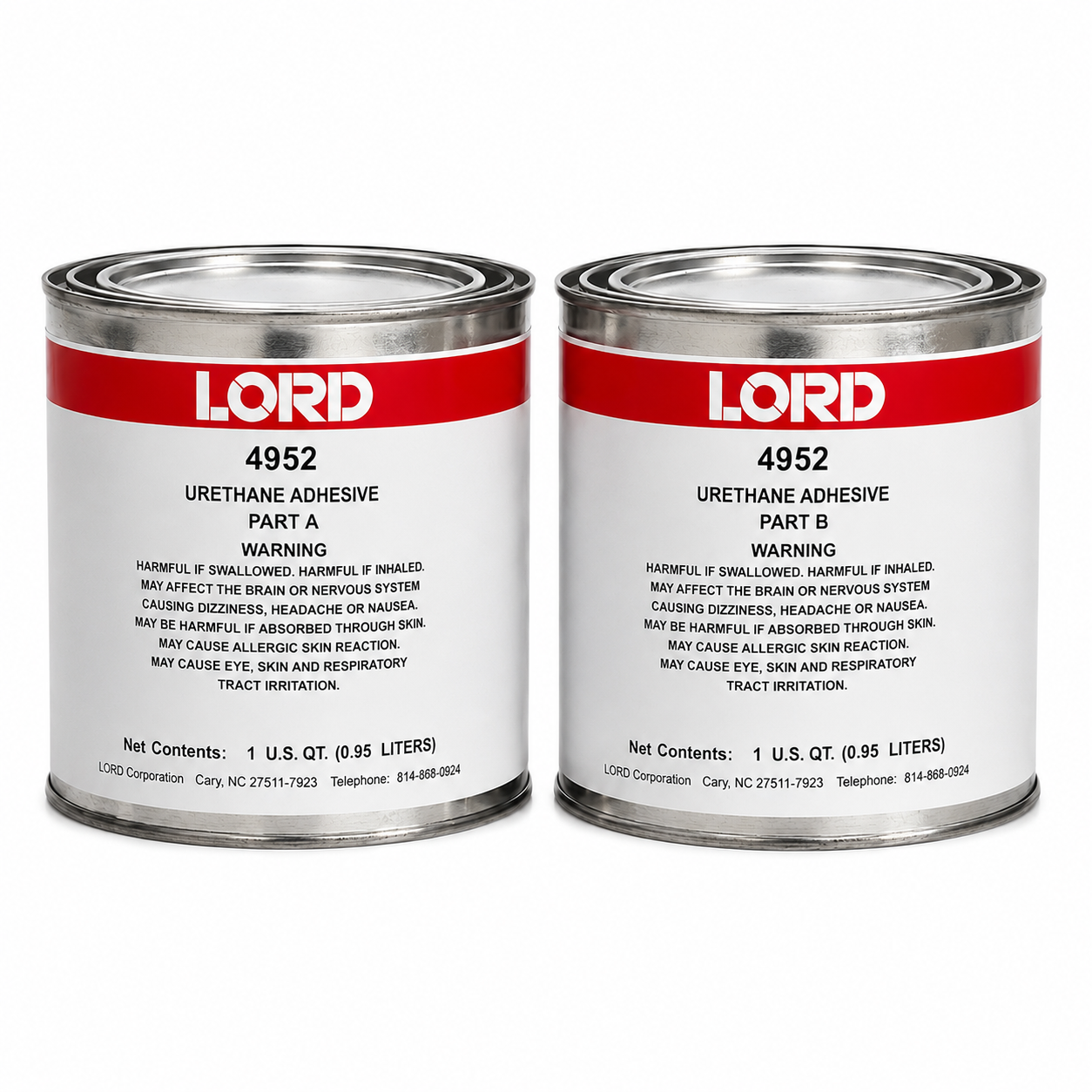 LORD 4952 urethane adhesive quart kit with Part A and Part B metal cans on white background.