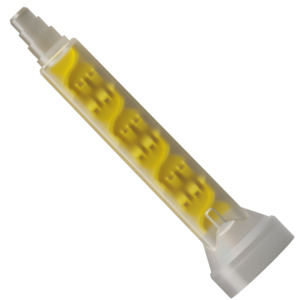 Side view of Xemex X2-C8-7S static mixer showing the yellow 7-element insert and stepped outlet