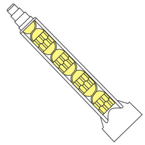 Cutaway diagram of the Xemex X2-C8-7S static mixer showing internal mixing elements, bell connection, and stepped outlet