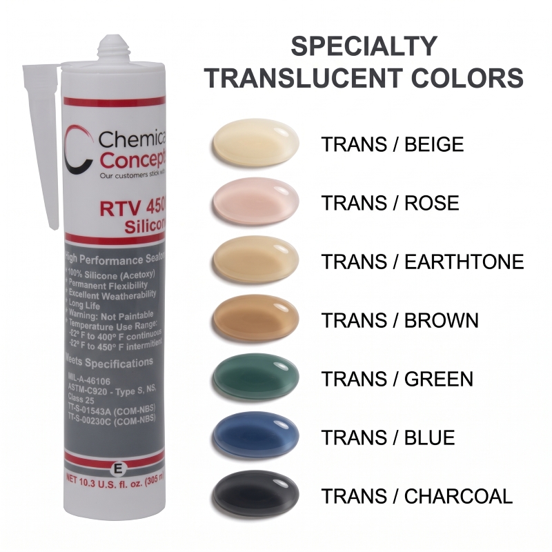 Chem-Set RTV4500 silicone cartridge beside seven translucent color dabs labeled Trans/Beige, Trans/Rose, Trans/Earthtone, Trans/Brown, Trans/Green, Trans/Blue, and Trans/Charcoal