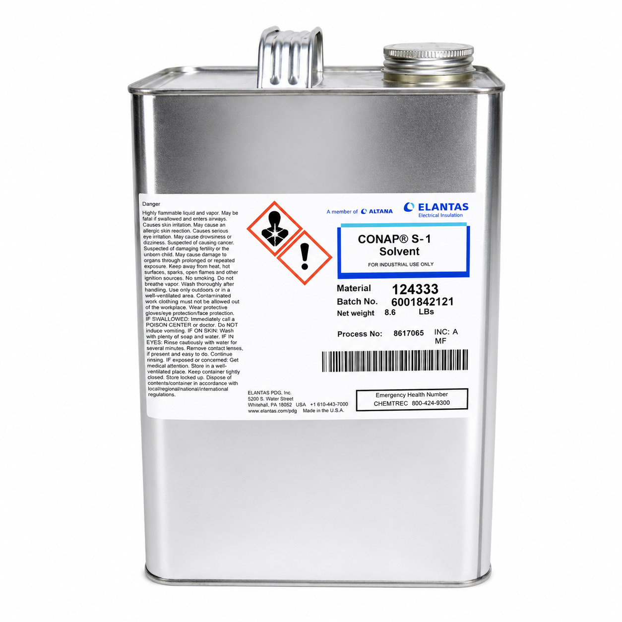 ELANTAS CONAP S-1 Solvent metal can with hazard label, shown front-facing on a white background.