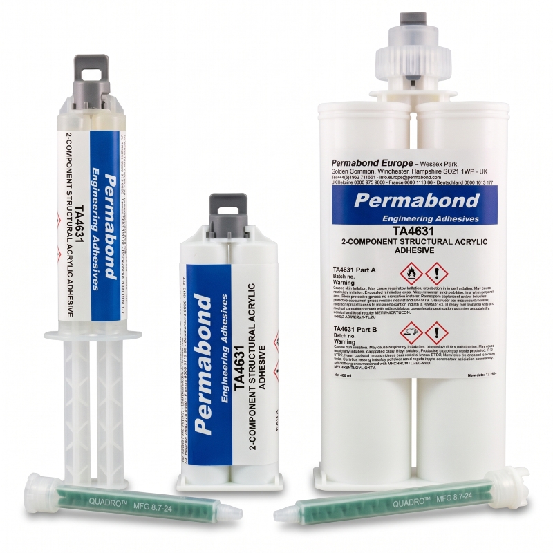 Permabond TA4631 low odor adhesive in 25ml, 50ml and 400ml dual cartridges with static mixer nozzles