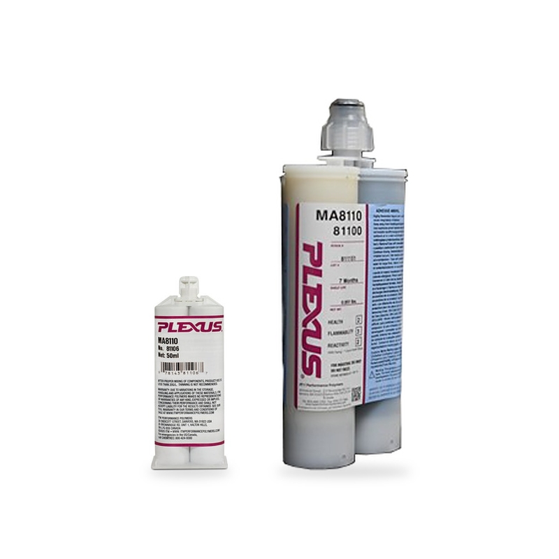 Plexus MA8110 two-part adhesive in 50ml and 400ml cartridges, shown side by side