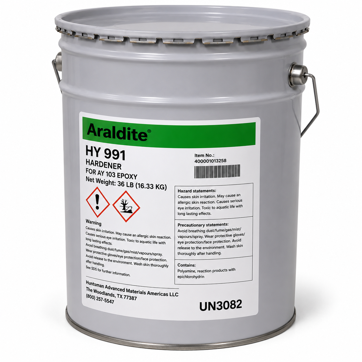 Huntsman Araldite HY 991 hardener for AY 103 epoxy in a 36 lb gray metal pail with GHS hazard labeling.