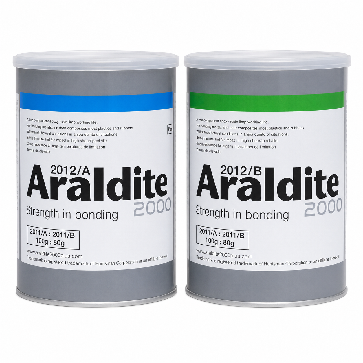 Araldite 2012/A and 2012/B epoxy adhesive cans with blue and green label bands, shown side by side on a white background.