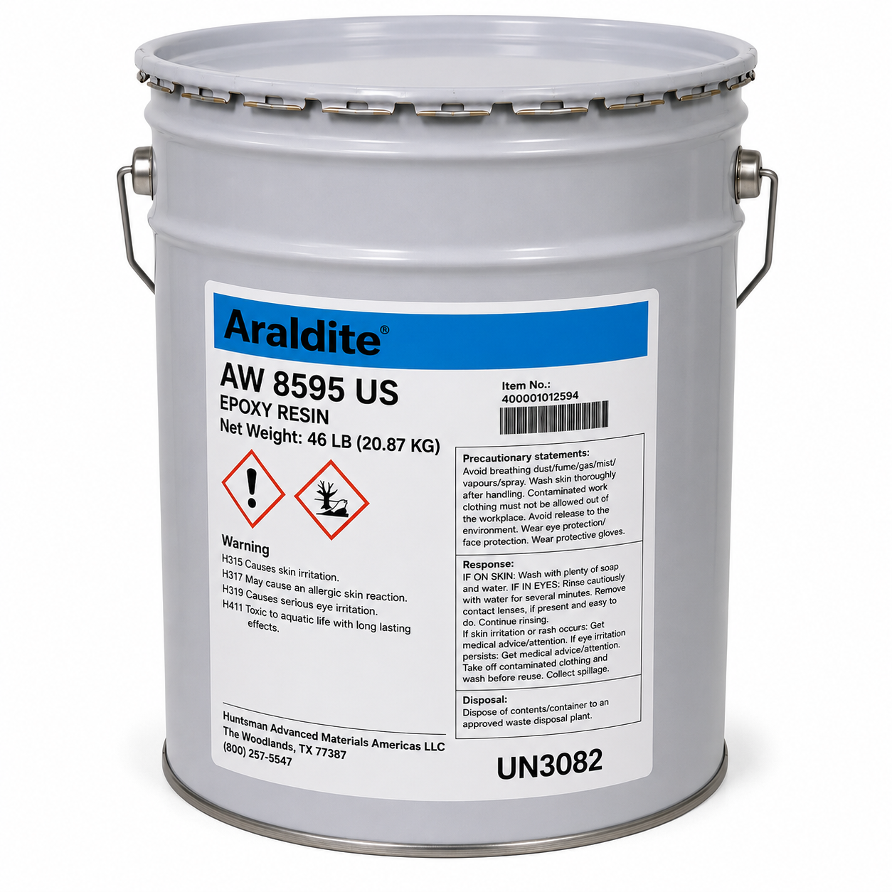 Huntsman Araldite AW 8595 US epoxy resin in a 46 lb gray metal pail with blue product label and GHS hazard warnings.
