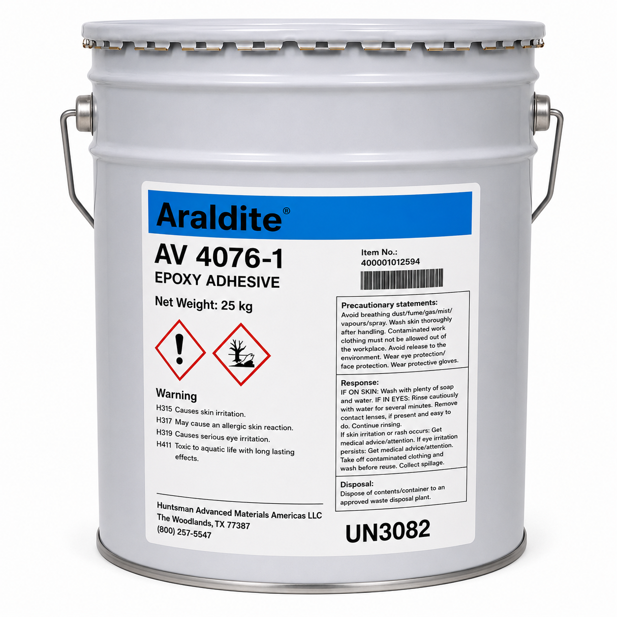 Araldite AV 4076-1 epoxy adhesive in a 25 kg gray metal pail with blue Araldite label and hazard symbols, shown front-facing on a white background.