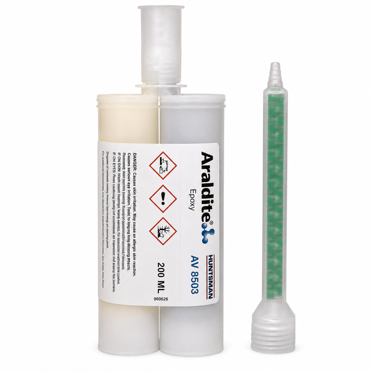 Huntsman Araldite AV 8503 epoxy adhesive 200 mL dual cartridge with mixing nozzle on a white background.