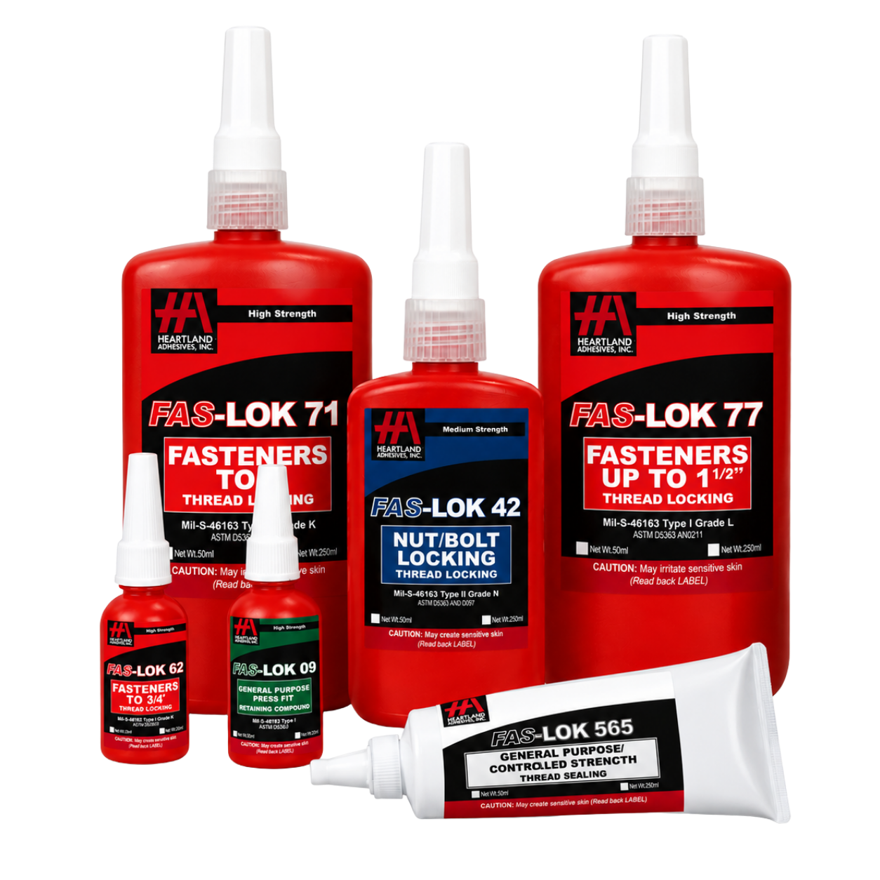 FAS-LOK adhesive and thread locking product family bottles and tube on a white background.