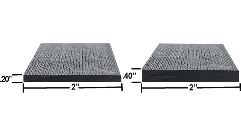 Cross-section comparison of 0.2 inch ultra-thin and 0.4 inch standard CarbonBar carbon fiber countertop flat stock.