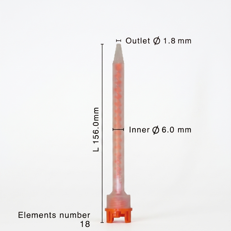 Mixpac MFHX 06-18T static mixer dimensions showing 156 mm length, 6 mm inner diameter, and 18 mixing elements