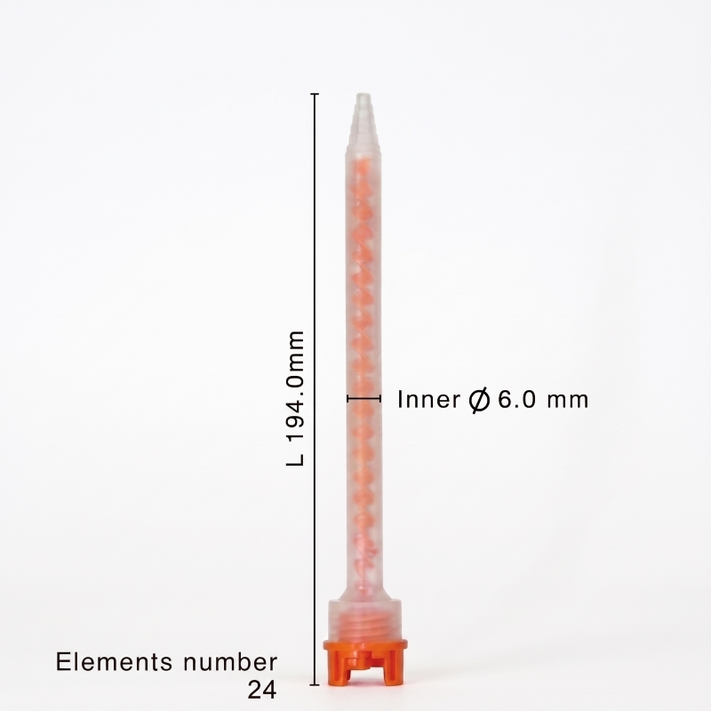 Mixpac MFHX 06-24T static mixer dimensions showing 194 mm length, 6 mm inner diameter, and 24 mixing elements