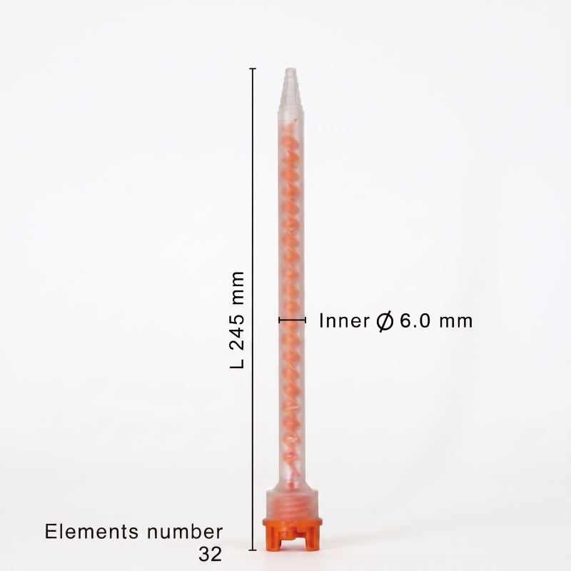 Mixpac MFHX 06-32T static mixer dimensions showing 245 mm length, 6 mm inner diameter, and 32 mixing elements