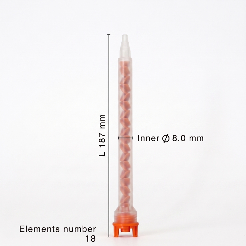 MFHX 08-18T static mixer dimensions showing 187 mm length, 8 mm inner diameter, and 18 mixing elements