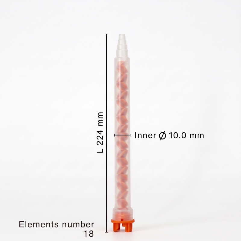 Mixpac MFHX 10-18T static mixer dimensions showing 224 mm length, 10 mm inner diameter, and 18 mixing elements