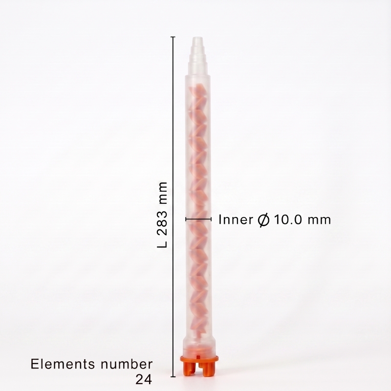 Mixpac MFHX 10-24T static mixer dimensions showing 283 mm length, 10 mm inner diameter, and 24 mixing elements