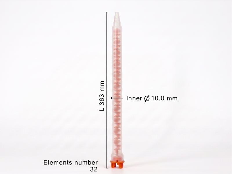 Mixpac MFHX 10-32T static mixer dimensions showing 363 mm length, 10 mm inner diameter, and 32 mixing elements