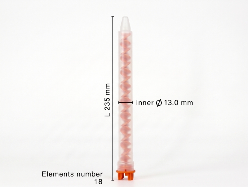 Mixpac MFHX 13-18T static mixer dimensions showing 235 mm length, 13 mm inner diameter, and 18 mixing elements