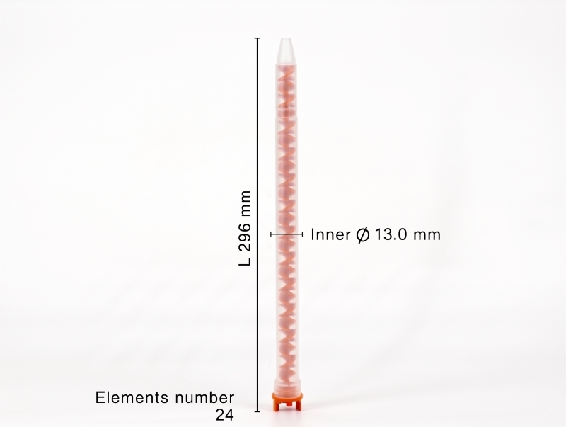 Mixpac MFHX 13-24T static mixer dimensions showing 296 mm length, 13 mm inner diameter, and 24 mixing elements