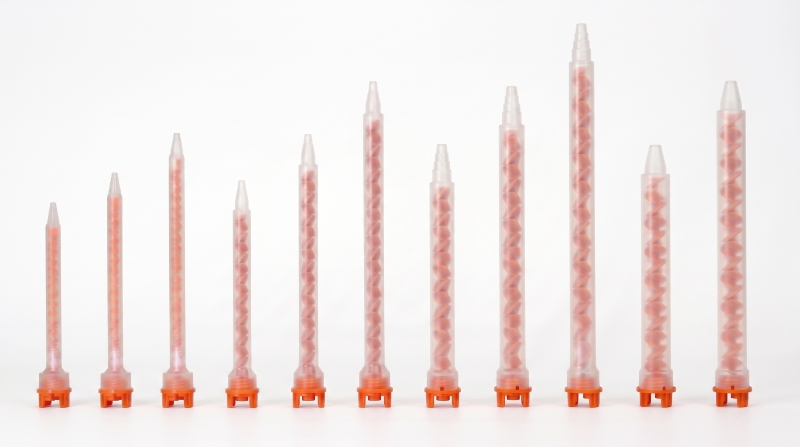 Mixpac MFHX static mixer size comparison showing all eleven models side by side from 156 mm to 363 mm in 6, 8, 10, and 13 mm bore