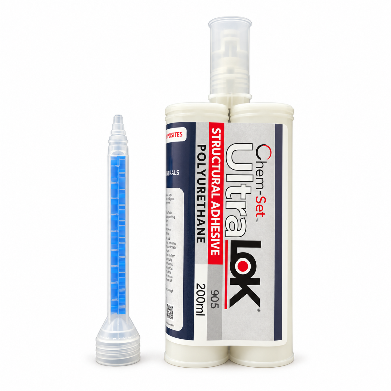 Chem-Set UltraLok 905 polyurethane adhesive in a 200 mL dual cartridge with a blue static mixer