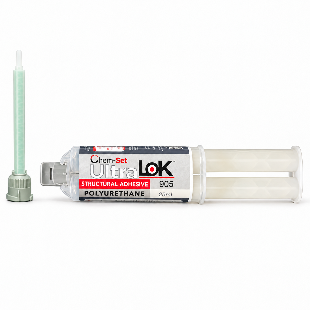 Chem-Set UltraLok 905 polyurethane adhesive in a horizontal 25 mL dual syringe beside an upright pale green static mixer.